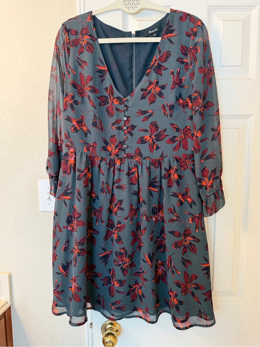 Madewell Charcoal Dress with Red Floral Print